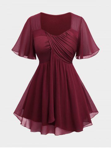 Plus Size Sheer Chiffon Ruffles Asymmetrical Surplice Blouse - DEEP RED - 5X | US 30-32