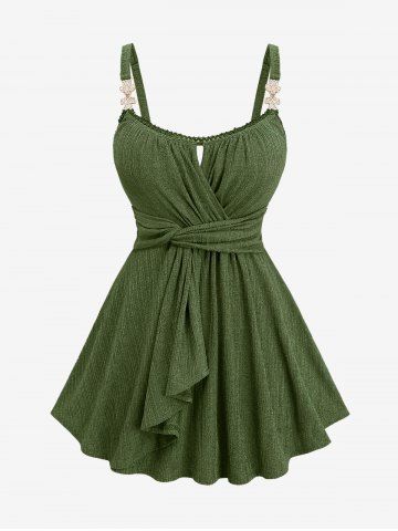 Plus Size Surplice Ruched Leaf Buckle Lace Trim Lettuce Hem Ribbed Textured Tank Top - GREEN - 4X | US 26-28