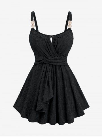 Plus Size Surplice Ruched Leaf Buckle Lace Trim Lettuce Hem Ribbed Textured Tank Top - BLACK - 5X | US 30-32