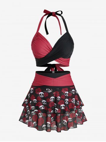 Plus Size Rose Flower Skulls Print Halter Crisscross Tie Back Bowknot Skirt Gothic 3 Piece Swimsuit - MULTI-A - 3X | US 22-24