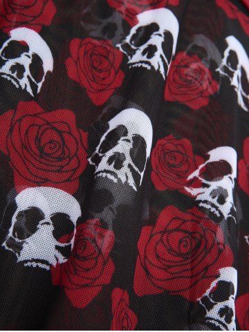 Plus Size Rose Flower Skulls Print Halter Crisscross Tie Back Bowknot Skirt Gothic 3 Piece Swimsuit