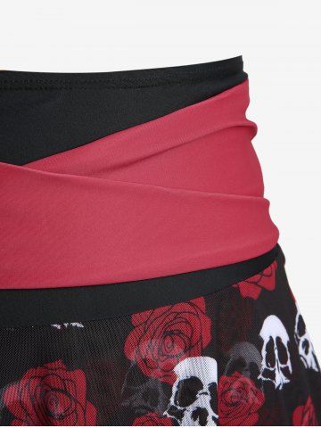 Plus Size Rose Flower Skulls Print Halter Crisscross Tie Back Bowknot Skirt Gothic 3 Piece Swimsuit