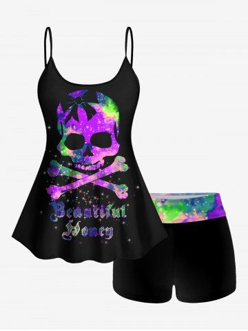 Plus Size Skull Glitter Print Boyshorts Tankini Swimsuit (Adjustable Shoulder Strap) - PURPLE - 1X
