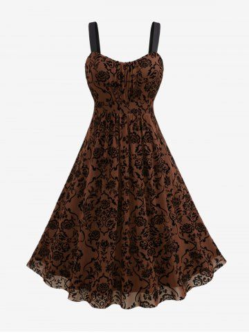 Plus Size Vintage Flower Layered Ruched Mesh A Line Dress - COFFEE - 5X | US 30-32