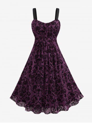 Plus Size Vintage Flower Layered Ruched Mesh A Line Dress - CONCORD - L | US 12