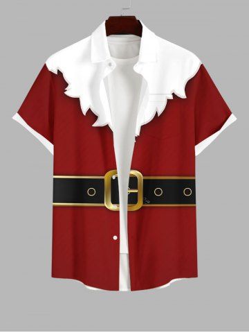 Plus Size Christmas Santa Claus Print Buttons Pocket Shirt For Men - RED - 3XL