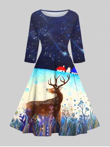 Floral Elk Bubble Ombre Galaxy Print Christmas 50's Vintage A Line Dress - MULTI-A - XL