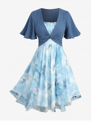 Plus Size Flowers Ombre Print Lettuce Trim Ruffles Twist Textured 2 In 1 Dress - BLUE - 4X | US 26-28