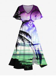Plus Size Coconut Tree Dreamcatcher Feather Sea Print Hawaii Split Pocket A Line Midi Dress -  