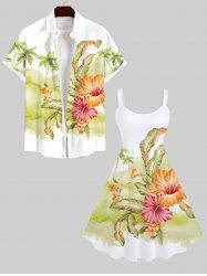 Coconut Tree Tropical Leaf Hibiscus Flowers Print Plus Size Matching Hawaii Beach Outfit For Couples -  