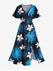 Plus Size Coconut Tree Tropical Leaf Flower Print Split Hawaii Midi Dress -  
