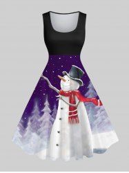Robe de Noël Trapèze Vintage Arbre Bonhomme de Neige et Galaxie Imprimés Grande Taille - Noir M