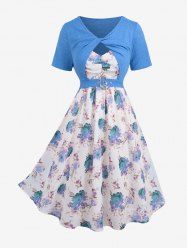 Plus Size Twist Buckle Grommets Ribbed Textured Top and Flower Printed Ruched Cami Dress -  