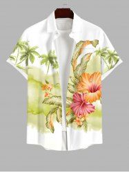 Plus Size Coconut Tree Tropical Leaf Hibiscus Flowers Print Buttons Pocket Hawaii Shirt For Men -  