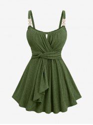 Plus Size Surplice Ruched Leaf Buckle Lace Trim Lettuce Hem Ribbed Textured Tank Top -  