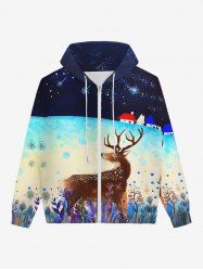 Plus Size Floral Elk Bubble Ombre Galaxy Print Christmas Zipper Pocket Drawstring Hoodie For Men -  