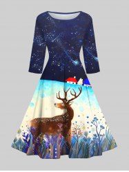 Floral Elk Bubble Ombre Galaxy Print Christmas 50's Vintage A Line Dress -  