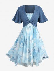 Plus Size Flowers Ombre Print Lettuce Trim Ruffles Twist Textured 2 In 1 Dress -  