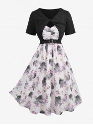 Plus Size Twist Buckle Grommets Ribbed Textured Top and Flower Printed Ruched Cami Dress -  