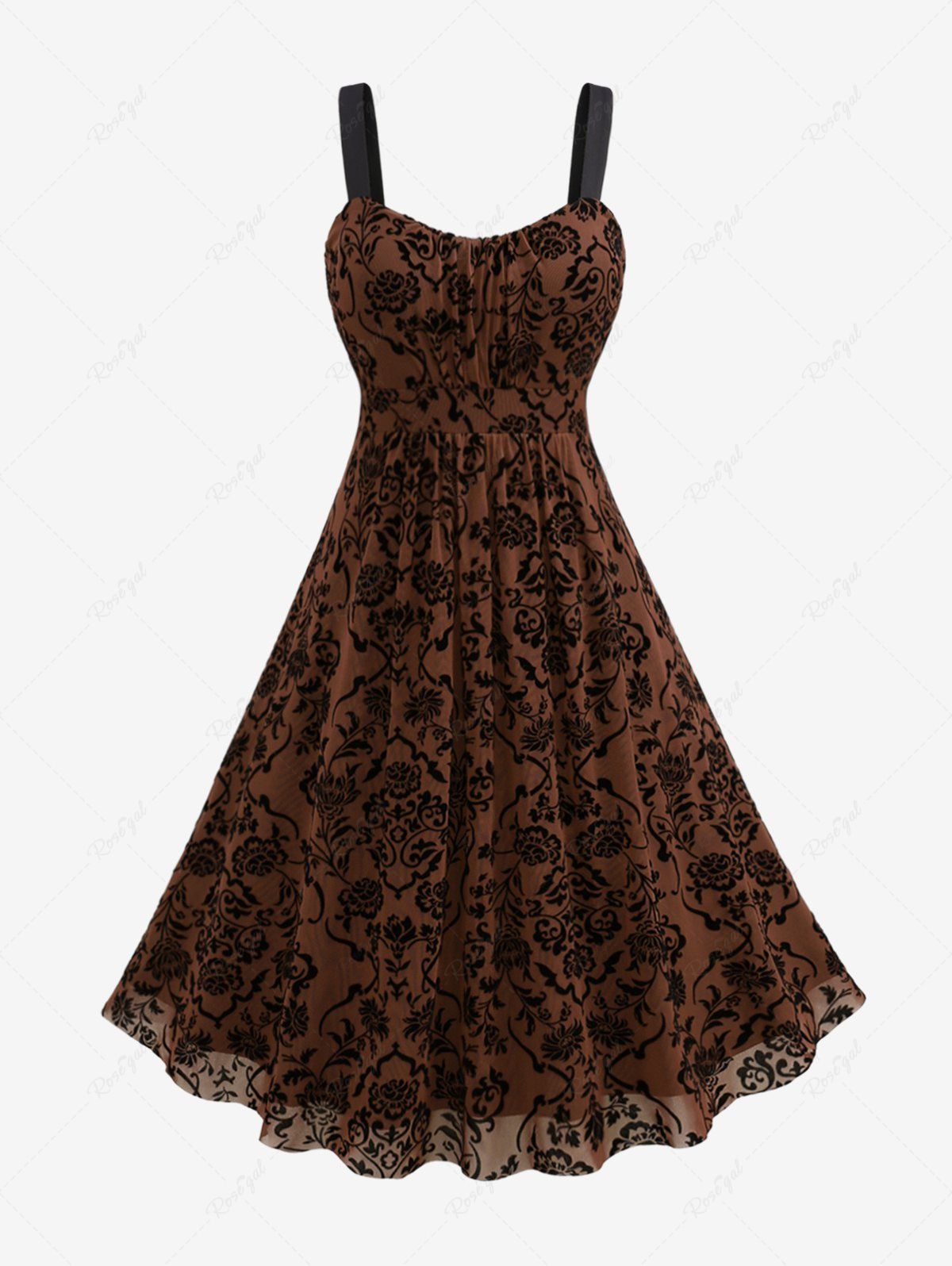 Store Plus Size Vintage Flower Layered Ruched Mesh A Line Dress  