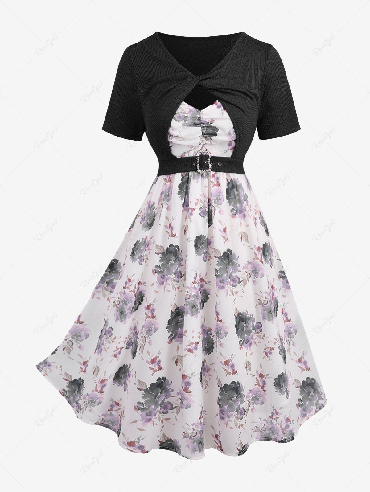 Store Plus Size Twist Buckle Grommets Ribbed Textured Top and Flower Printed Ruched Cami Dress  