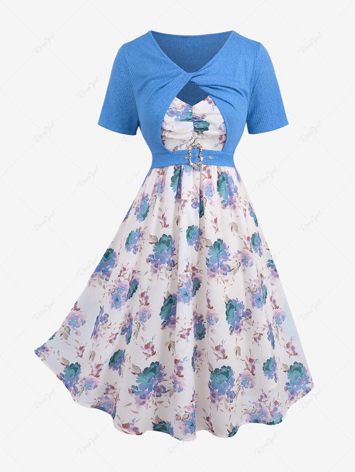 Affordable Plus Size Twist Buckle Grommets Ribbed Textured Top and Flower Printed Ruched Cami Dress  