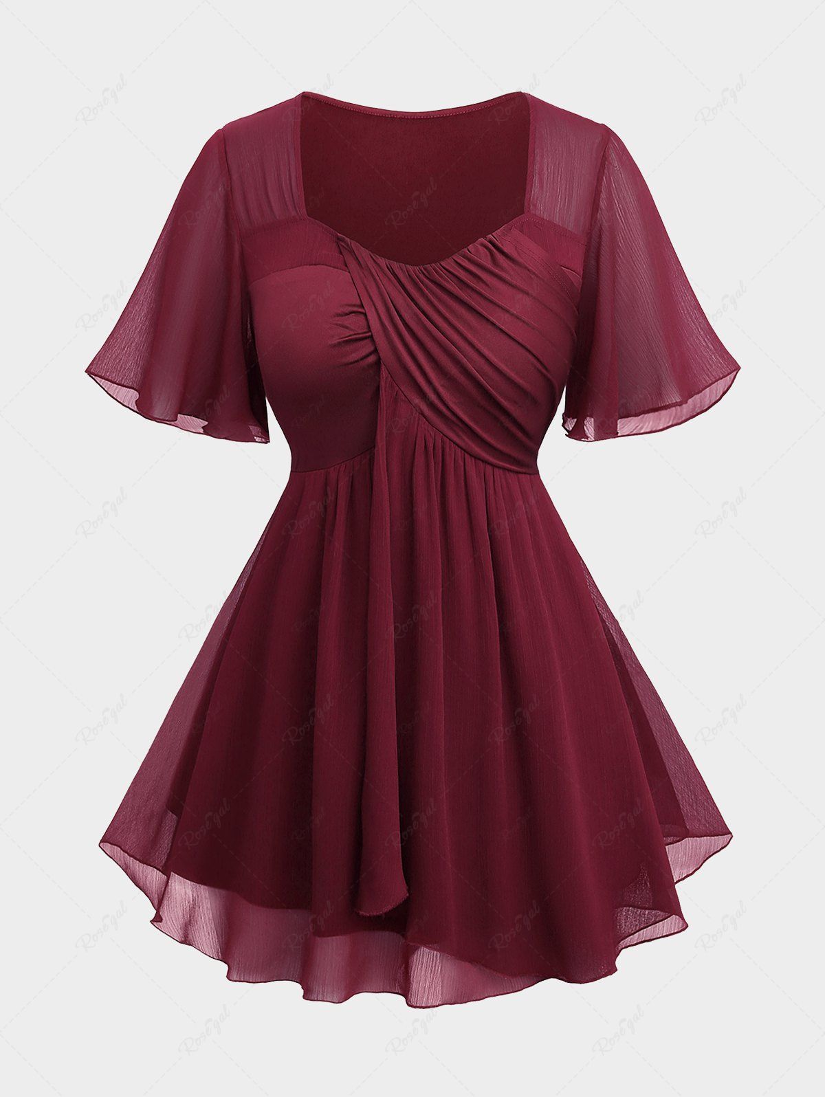 Outfit Plus Size Sheer Chiffon Ruffles Asymmetrical Surplice Blouse  