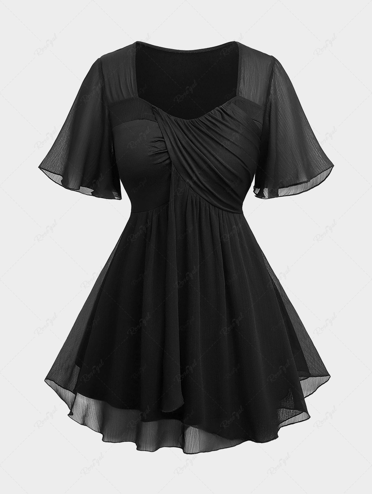 Shops Plus Size Sheer Chiffon Ruffles Asymmetrical Surplice Blouse  