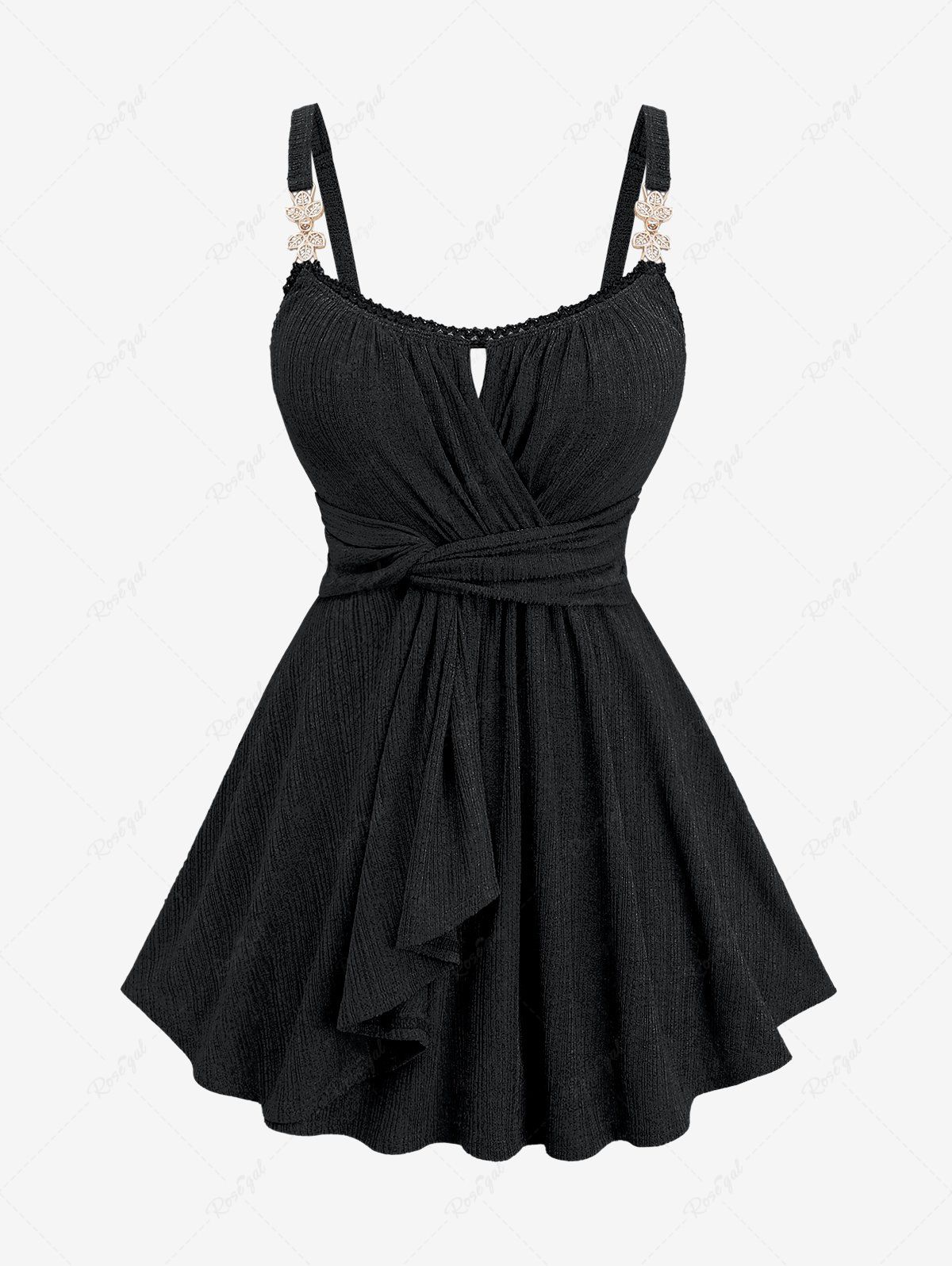 Buy Plus Size Surplice Ruched Leaf Buckle Lace Trim Lettuce Hem Ribbed Textured Tank Top  