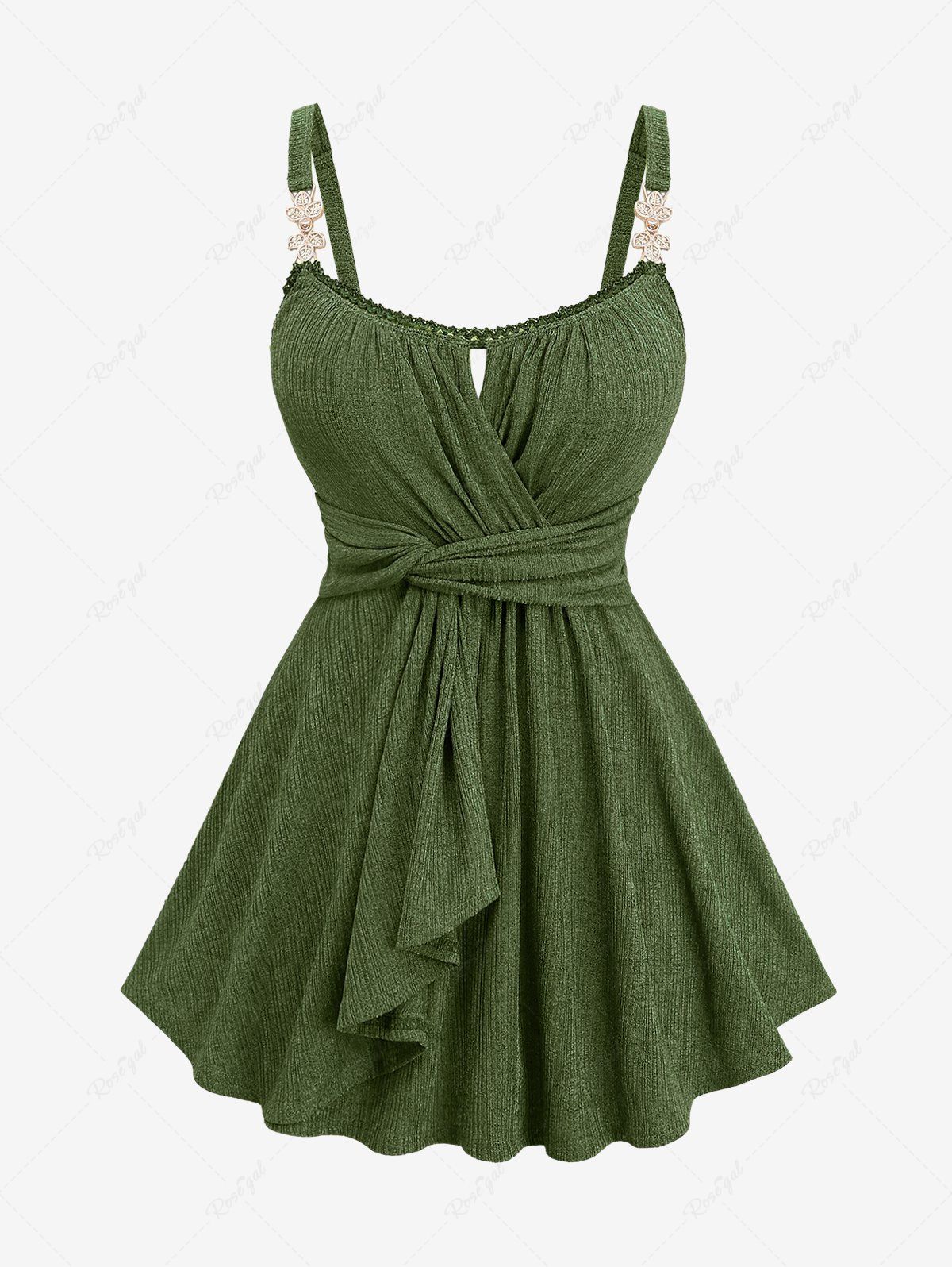 Affordable Plus Size Surplice Ruched Leaf Buckle Lace Trim Lettuce Hem Ribbed Textured Tank Top  