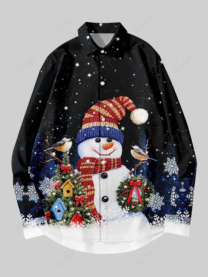 Best Plus Size Christmas Tree Snowflake Snowman Galaxy Print Button Long Sleeves Shirt For Men  