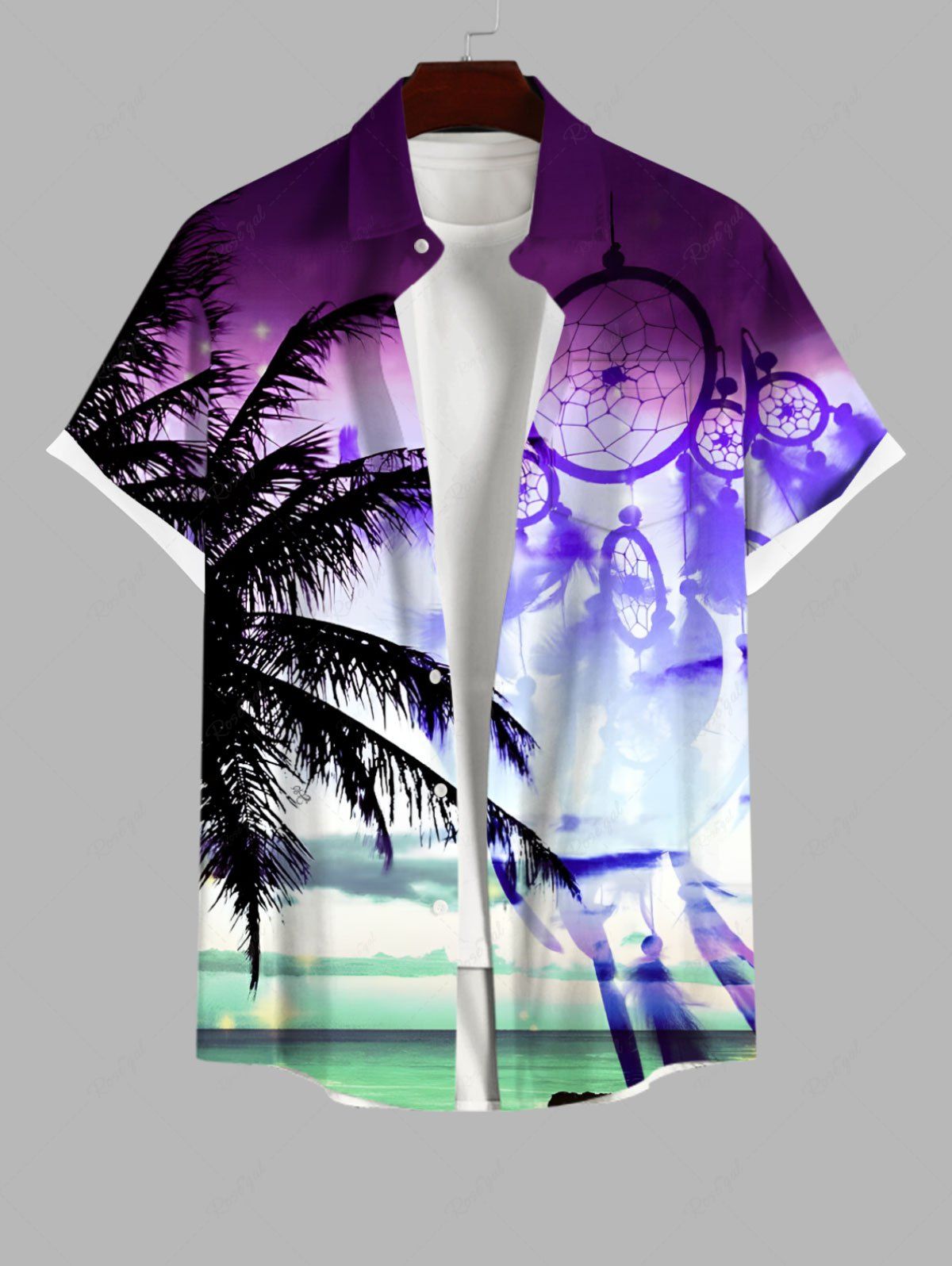 Shop Plus Size Coconut Tree Dreamcatcher Feather Sea Print Hawaii Ombre Button Pocket Shirt For Men  