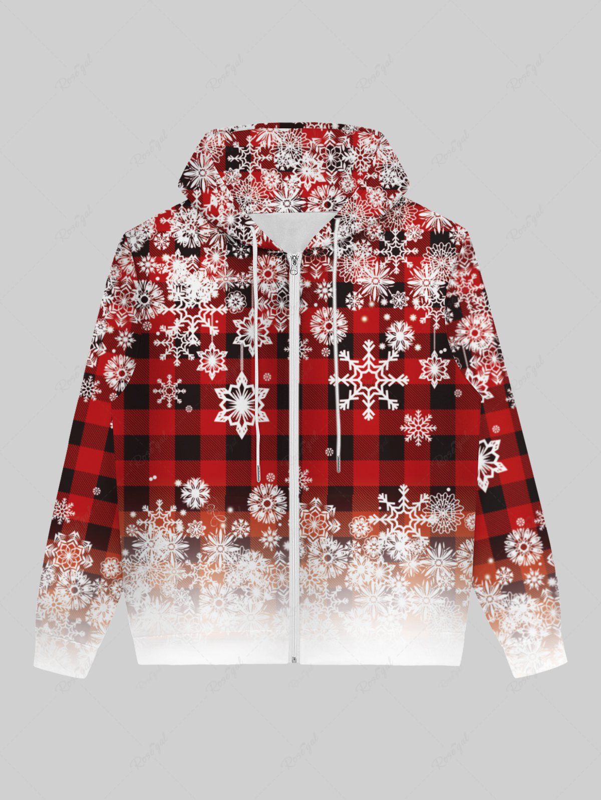 Sweat à Capuche Imprimé Géométrique et Flocon de Neige à Carreaux avec Poche Zippée Grande Taille à Manches Longues pour Homme Rouge L