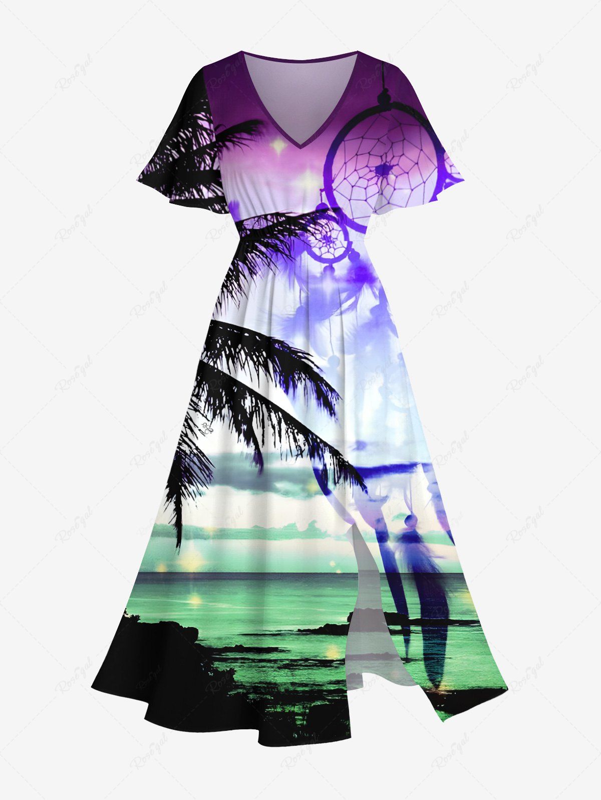 Cheap Plus Size Coconut Tree Dreamcatcher Feather Sea Print Hawaii Split Pocket A Line Midi Dress  