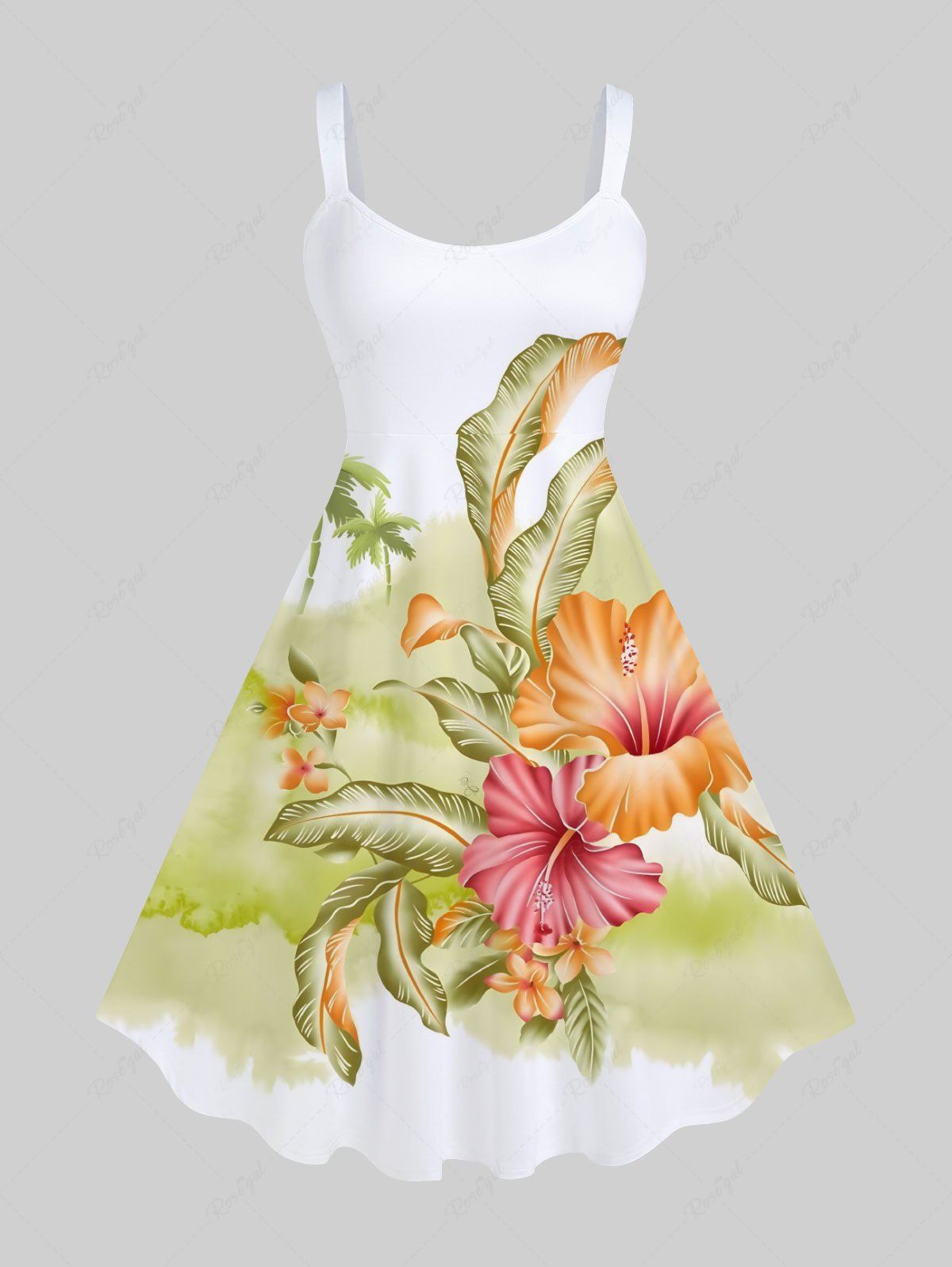 Shop Plus Size Coconut Tree Tropical Leaf Hibiscus Flowers Print Hawaii Tank Dress  