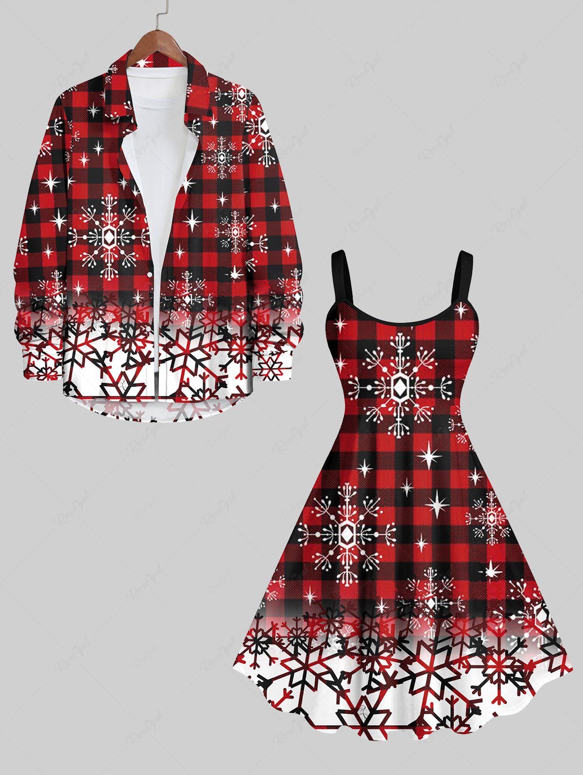 Cheap Christmas Plaid Snowflake Colorblock Print Plus Size Matching Outfit For Couples  