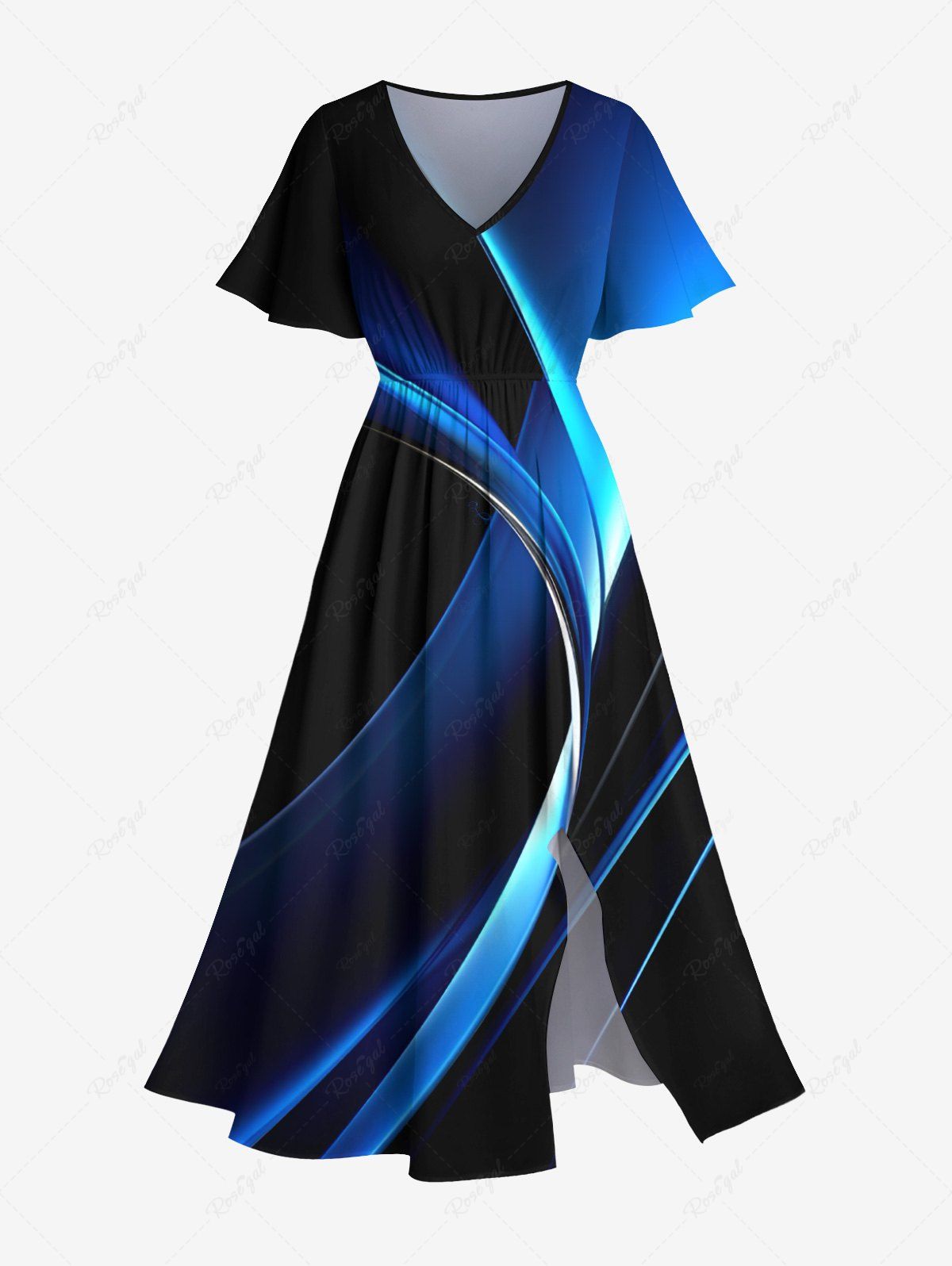 Sale Plus Size Glitter Light Beam 3D Print Split Midi Dress  