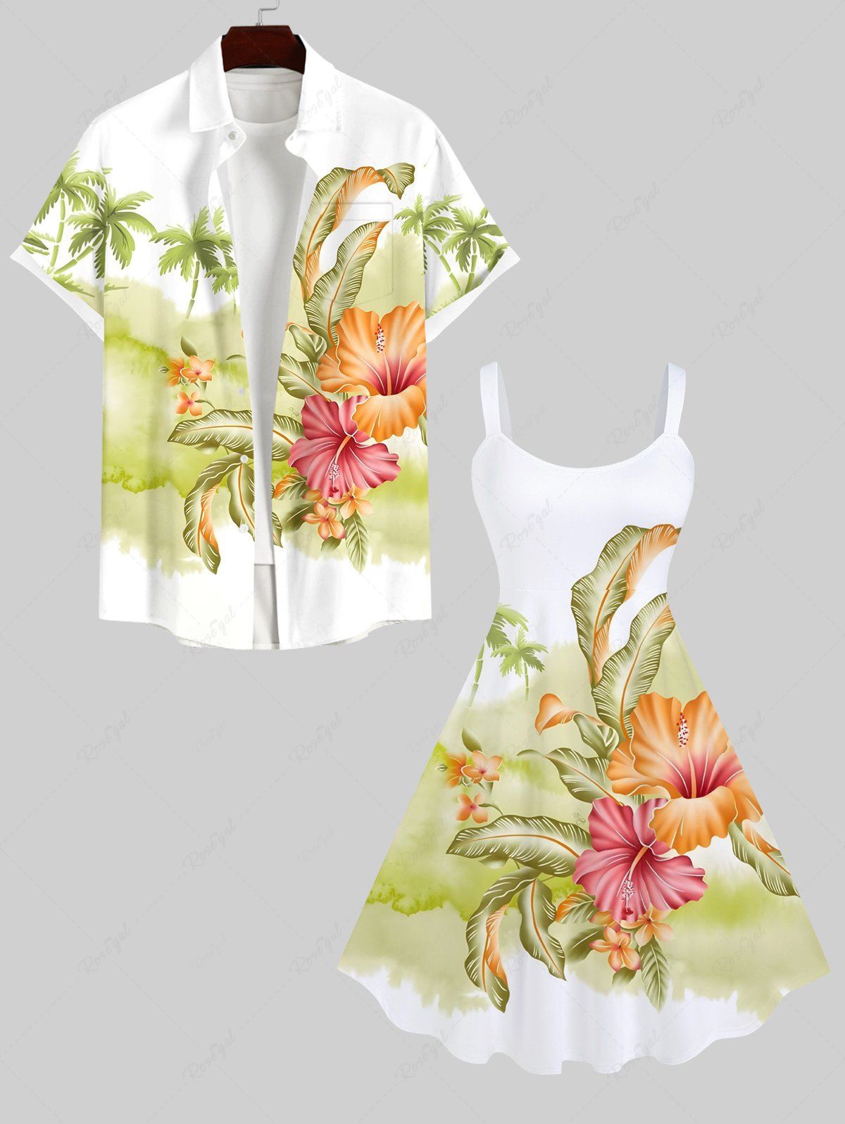 Latest Coconut Tree Tropical Leaf Hibiscus Flowers Print Plus Size Matching Hawaii Beach Outfit For Couples  