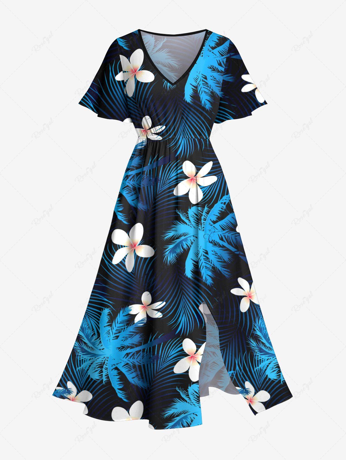 Shops Plus Size Coconut Tree Tropical Leaf Flower Print Split Hawaii Midi Dress  