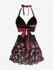 Plus Size Rose Flower Skulls Print Halter Crisscross Tie Back Bowknot Skirt Gothic 3 Piece Swimsuit -  