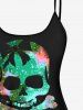 Maillot de bain tankini shorty grande taille à imprimé tête de mort pailletée (bretelles réglables) - Vert L