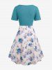 Plus Size Twist Buckle Grommets Ribbed Textured Top and Flower Printed Ruched Cami Dress -  
