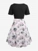 Plus Size Twist Buckle Grommets Ribbed Textured Top and Flower Printed Ruched Cami Dress -  