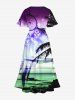 Plus Size Coconut Tree Dreamcatcher Feather Sea Print Hawaii Split Pocket A Line Midi Dress -  