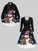 Plus Size Christmas Tree Snowflake Snowman Galaxy Print Lettuce Neck A Line Dress with Tied Belt -  