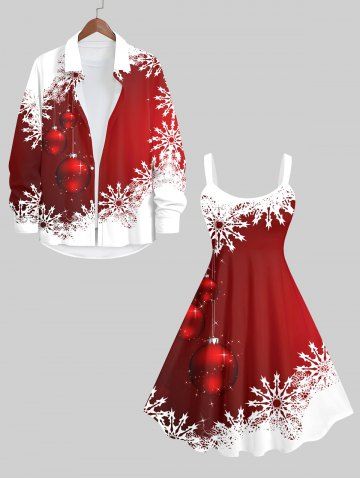 Glitter Christmas Ball Snowflake Two Tone Print Plus Size Matching Set For Couples - RED