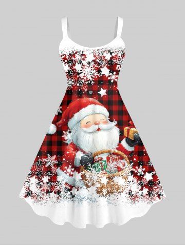 Plus Size Santa Claus Snowflake Plaid Stars Print Christmas A Line Tank Dress - RED - L