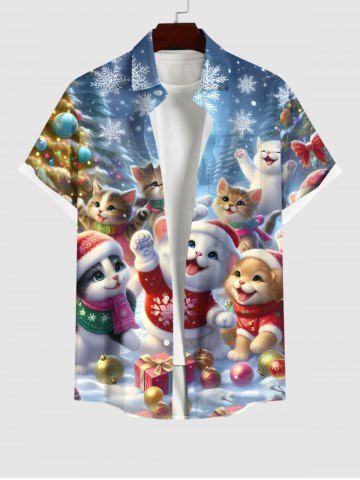 Plus Size Christmas Tree Snowflake Glitter Galaxy Cute Cat Print Button Pocket Shirt For Men - MULTI-A - L