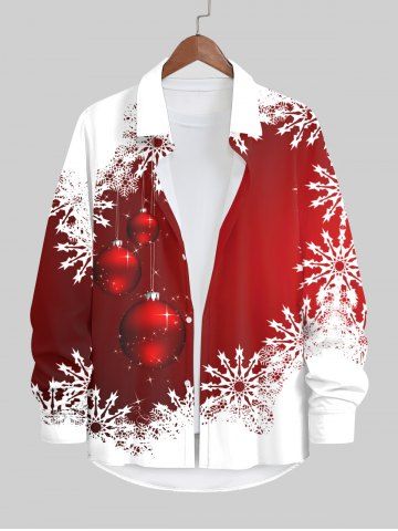 Plus Size Glitter Christmas Ball Snowflake Two Tone Print Button Long Sleeves Shirt For Men - RED - 7XL