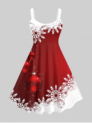 Plus Size Glitter Christmas Ball Snowflake Two Tone Print A Line Tank Dress - RED - XS